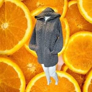 Inis Crafts Merino Wool Cable Knit Full Zip Hoodie‎ Charcoal Gray Size Medium